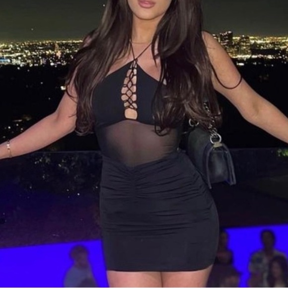 Black lovilla mini dress tiger mist medium m strappo back trendy ruched tie up - Picture 1 of 5